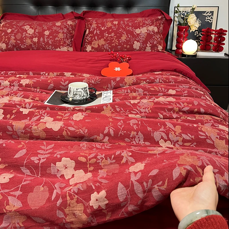 法式复古浪漫碎花纯棉结婚四件套色织提花红色婚庆床上用品
