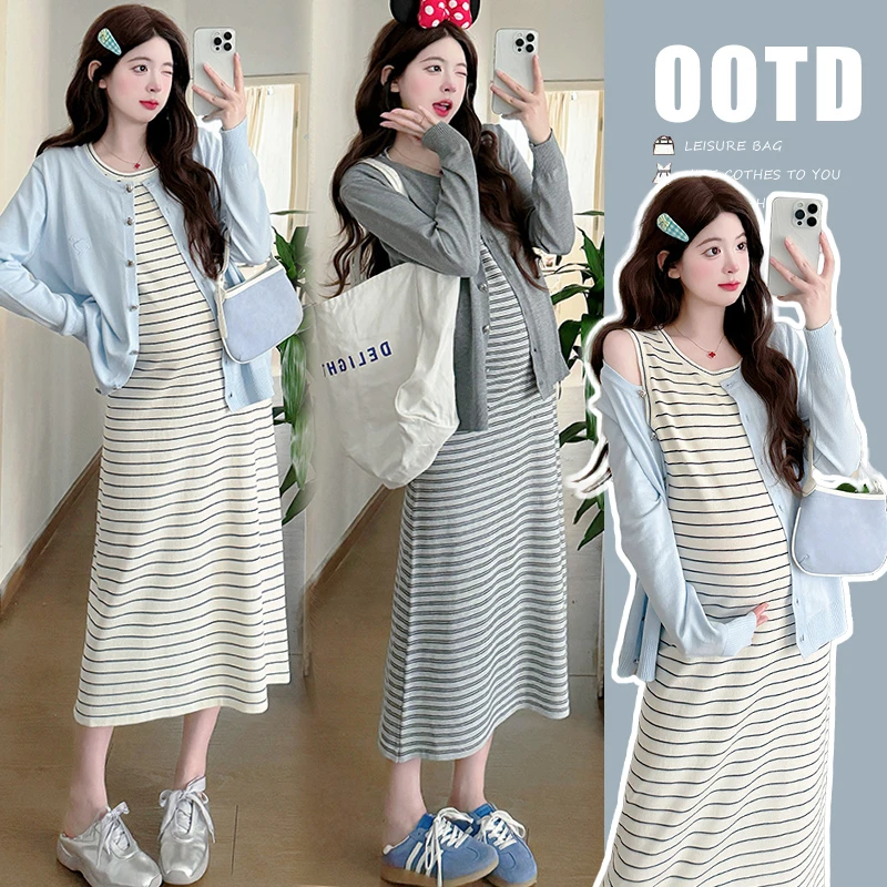 【苏遇婉】2025春秋新款孕妇蝴蝶刺绣开衫+冰丝宽松条纹背心裙套装