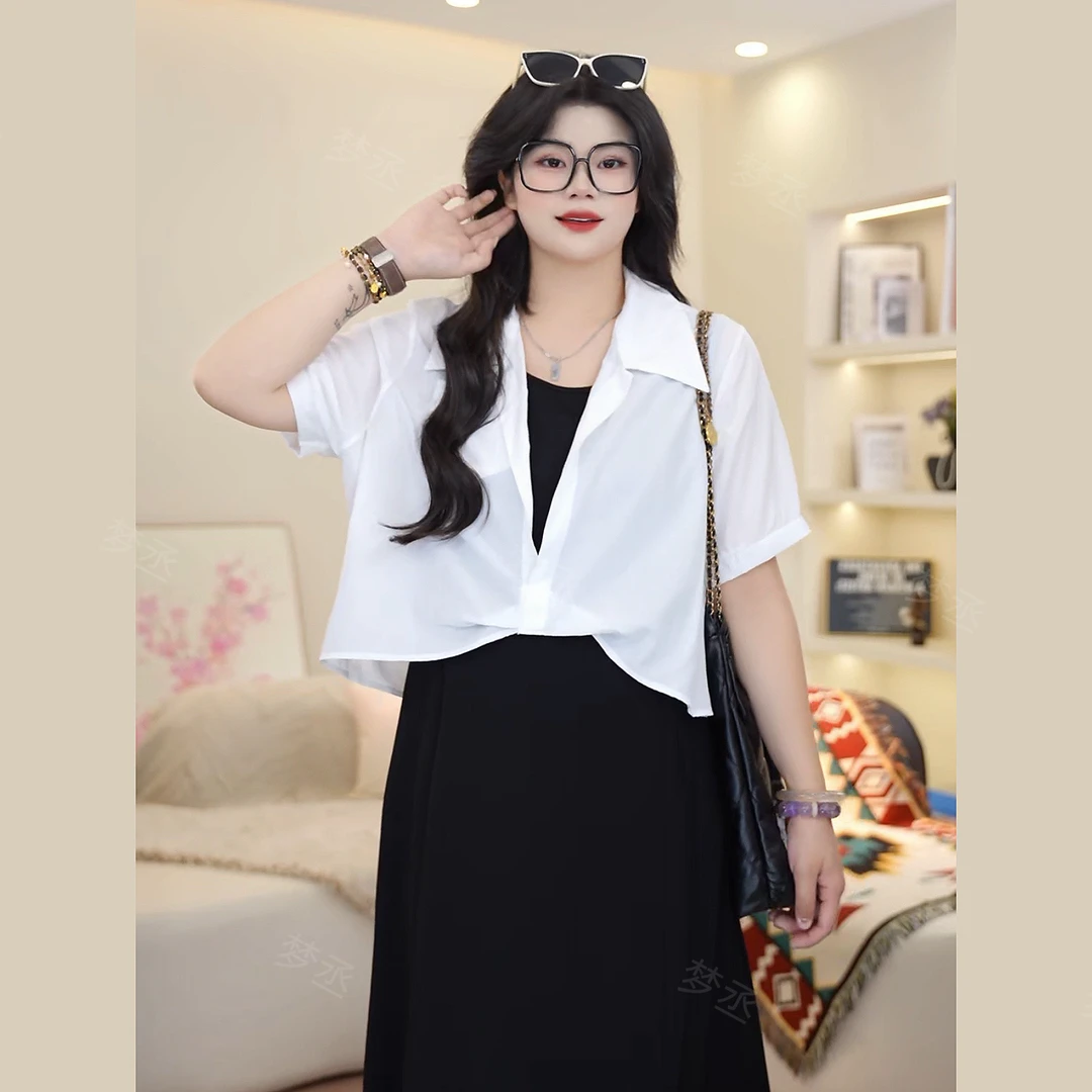 梦丞【高级格调】夏季高级感时尚大码女装短袖衬衫+吊带连衣裙套装
