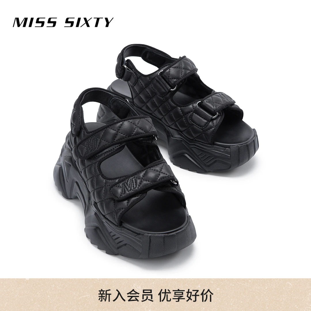 Miss Sixty春季新款凉鞋羊皮革松糕厚底魔术贴露趾运动雅丹风