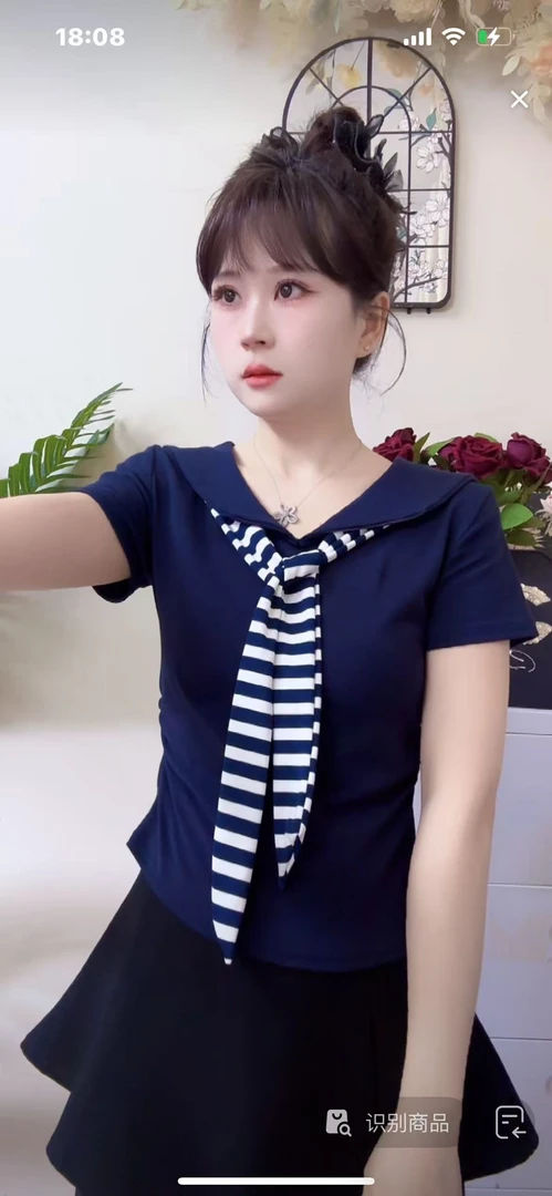 【2025海军领拼接条纹假两件净版短袖】夏季收腰显瘦百搭上衣517