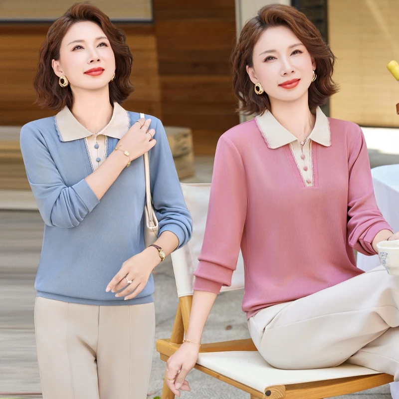 妈妈秋装长袖套装新款小衫中老年女装春秋时尚翻领上衣洋气打底衫
