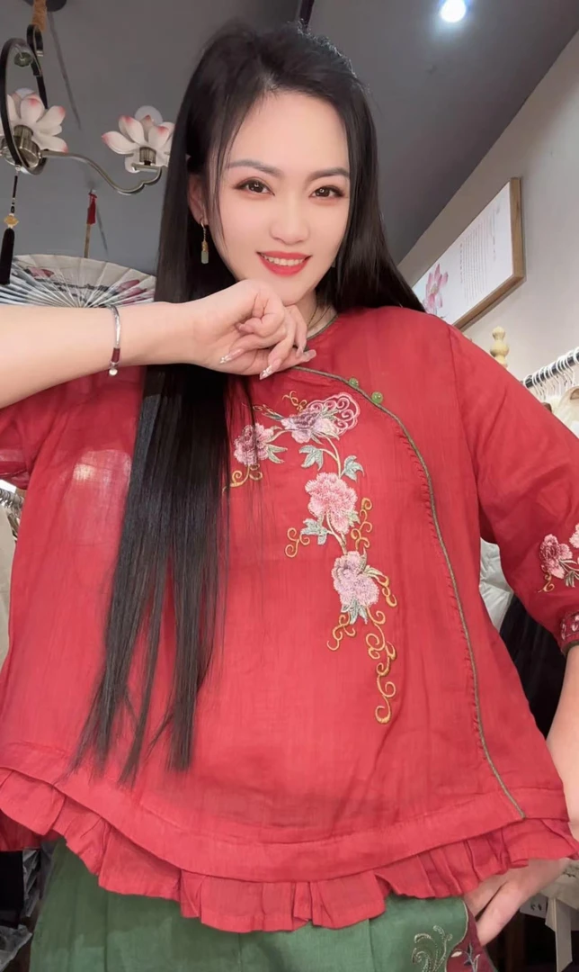 新款复古中式斜襟盘扣圆苎麻上衣