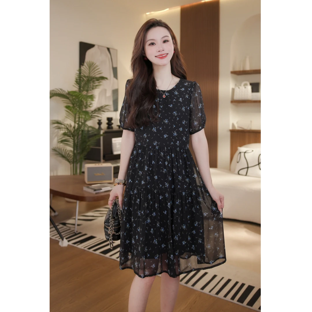法式收腰碎花连衣裙系带拼接慵懒风碎花短袖裙子女夏季新款A305
