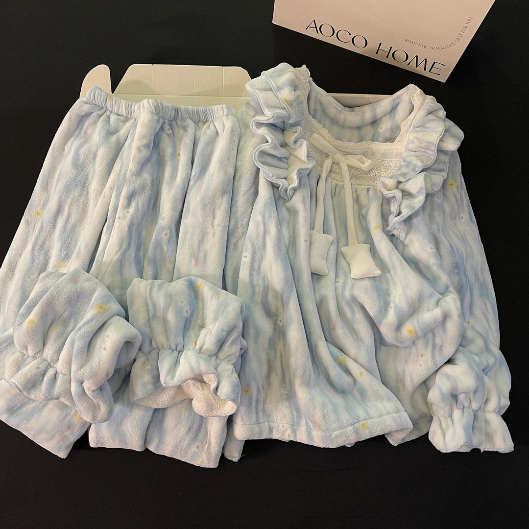 珊瑚绒睡衣女新款花边甜美蓝色晕染加厚保暖高级感宽松家居服套装