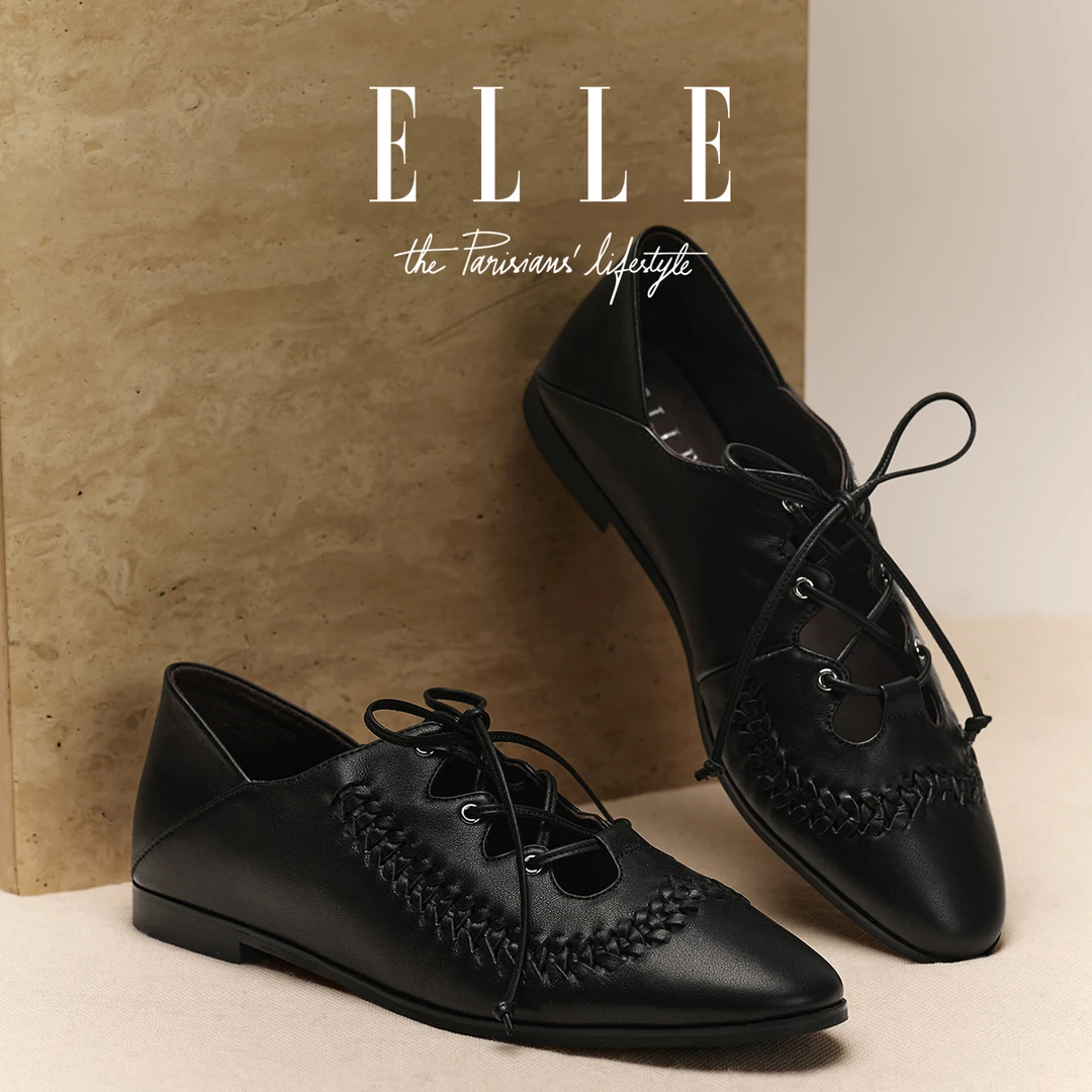 ELLE法式尖头平底单鞋女2025新款复古镂空编织可踩脚玛丽珍小皮鞋