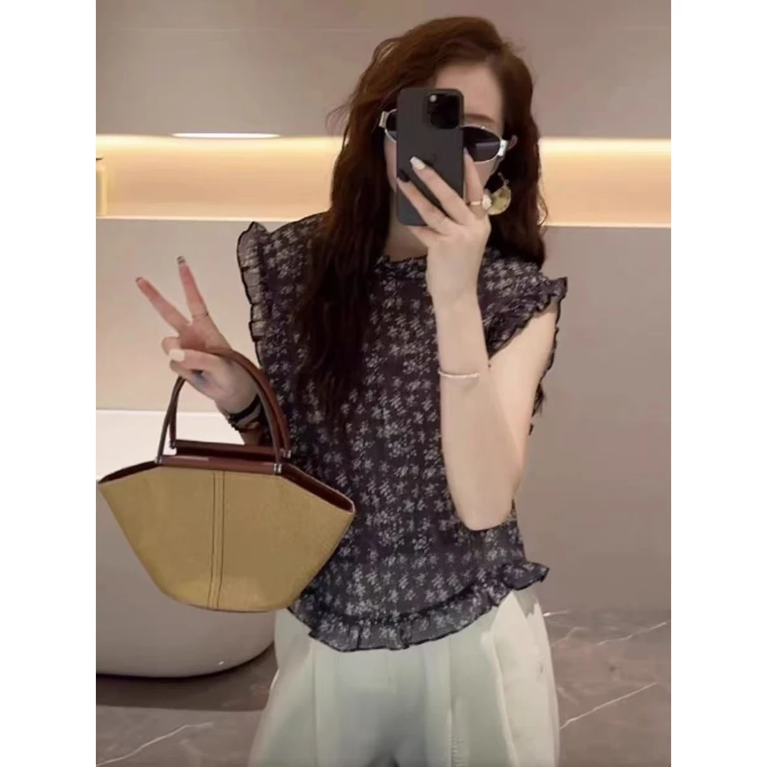 韩版甜美小清新木耳边设计感衬衫时尚减龄2025夏季新款上衣