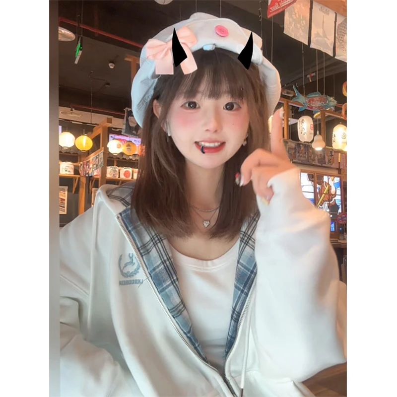 潮牌美式格子拼接加绒加厚连帽卫衣女秋冬季设计别致宽松开衫外套