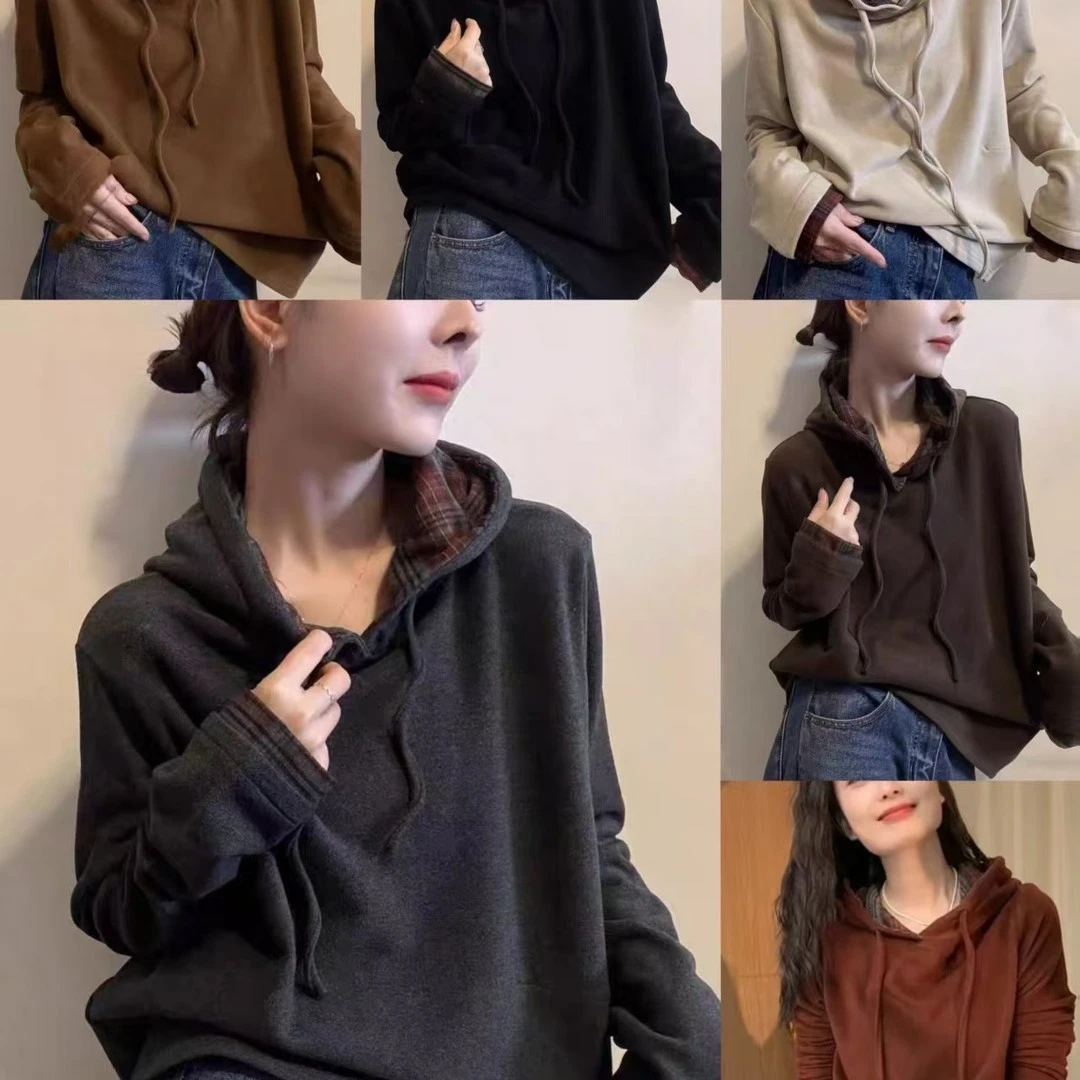 668拼接长袖连帽卫衣慵懒风休闲时尚宽松百搭打底