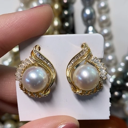 海水珍珠耳饰银S925镶嵌9-10