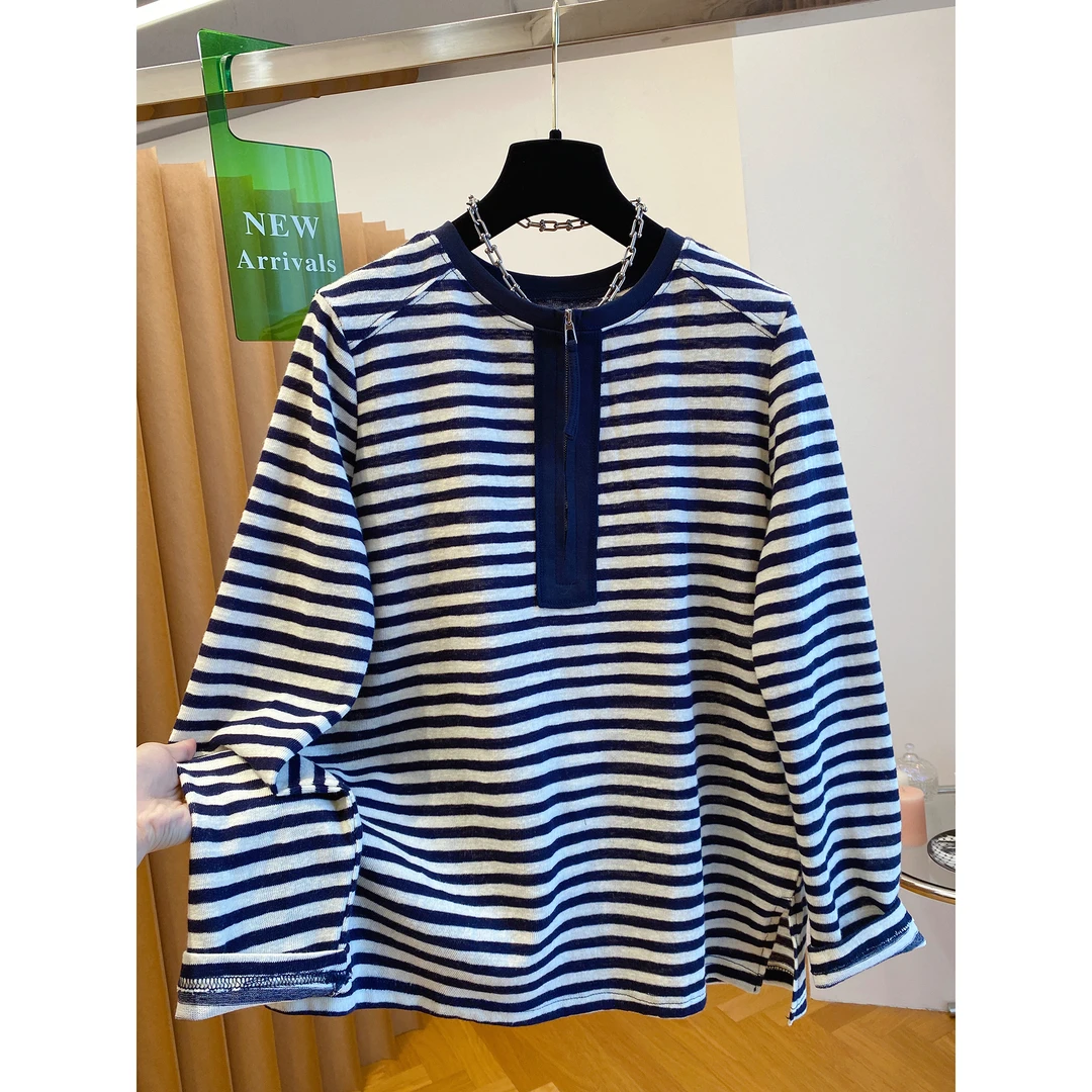 胖mm240斤大码半拉链圆领条纹t恤女早秋宽松长袖高级感打底衫上衣