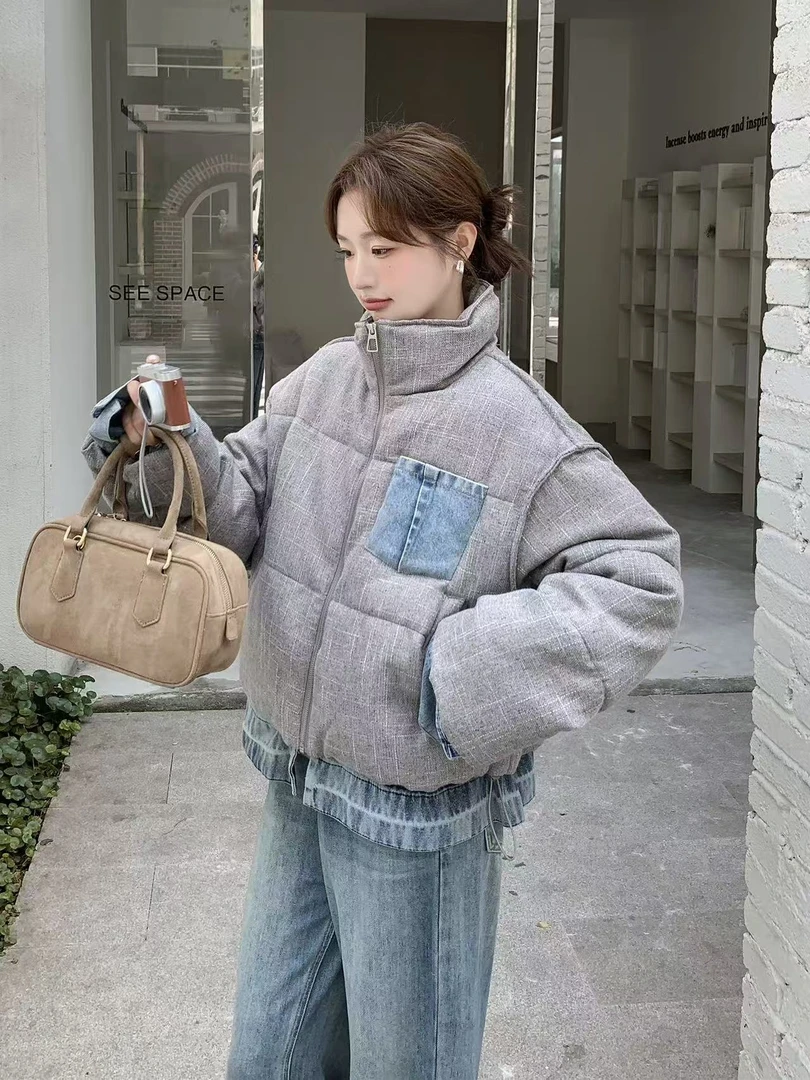 【雾灰补丁】2025冬季新款时尚百搭牛仔拼接棉服外套女.D2152