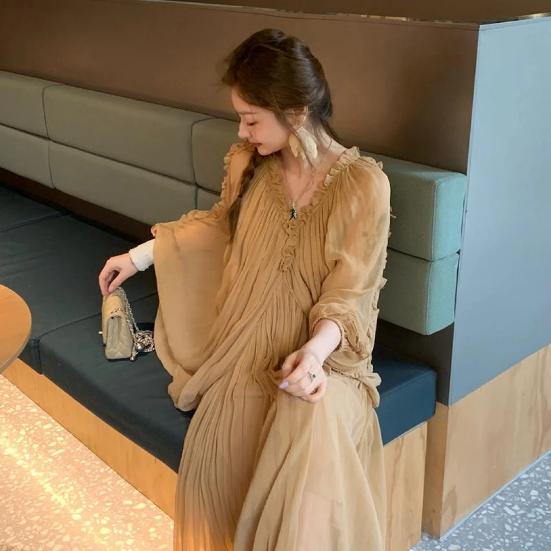 2025新款甜美木耳边轻纱法式显瘦气质连衣裙长裙