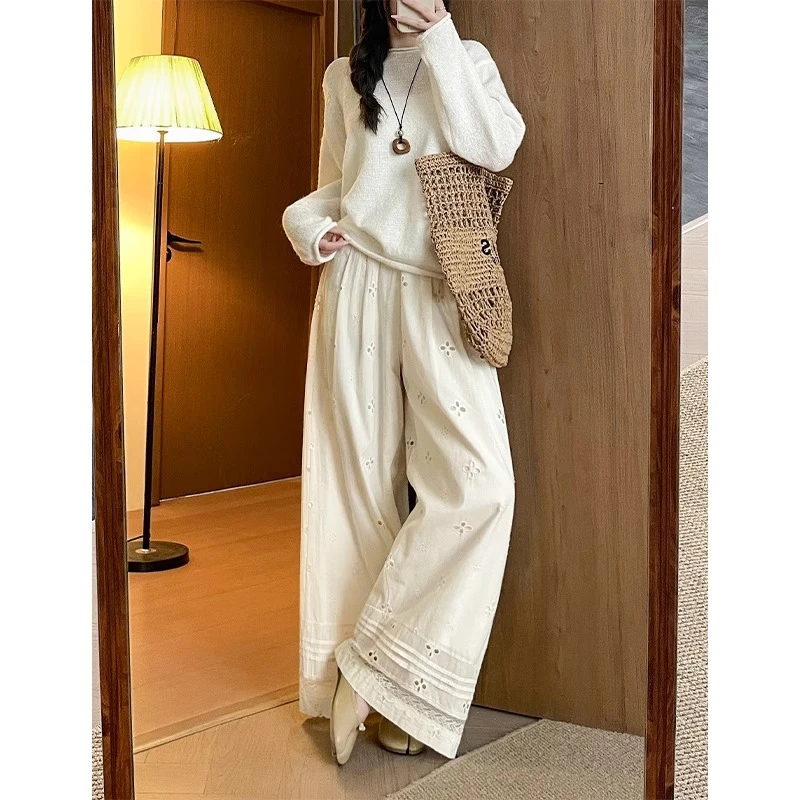 白色镂空蕾丝拼接阔腿裤女夏季2025新款小个子垂感宽松休闲直筒裤