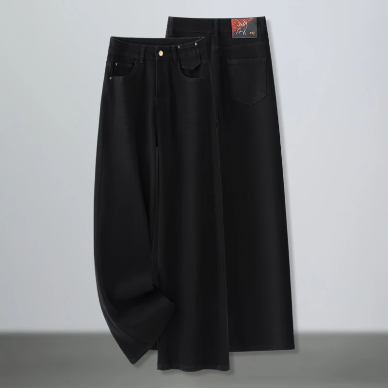 黑色阔腿牛仔裤女2025秋季新款高腰宽松显瘦遮肉百搭休闲直筒裤子