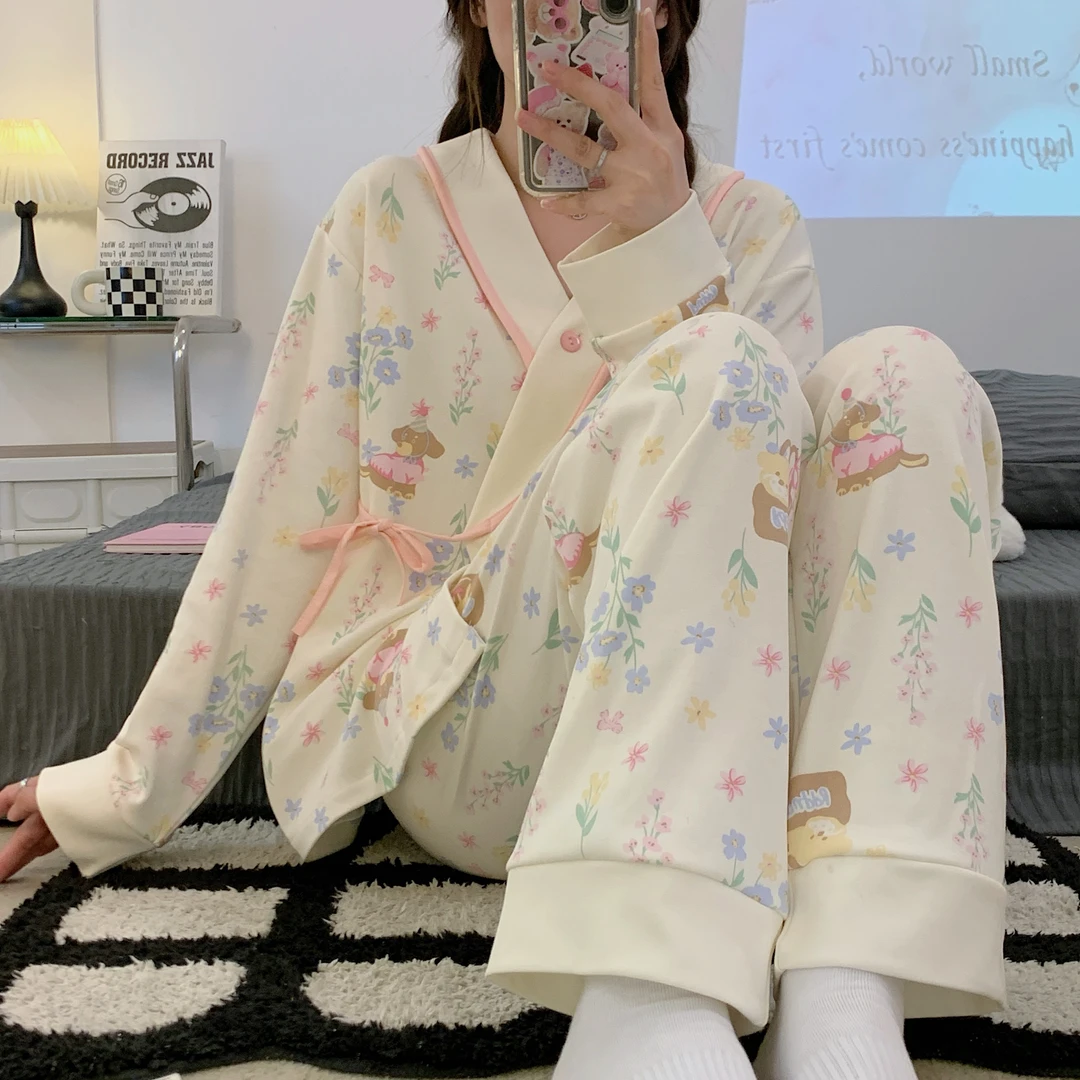带胸垫纯棉吸汗孕妇月子服秋季产后哺乳家居服