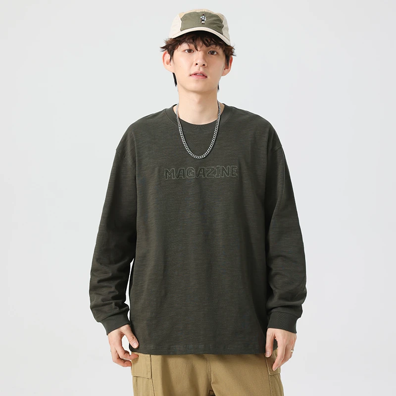 UKTK美式重磅纯棉长袖t恤男士春季简约休闲宽松内搭打底衫情侣装