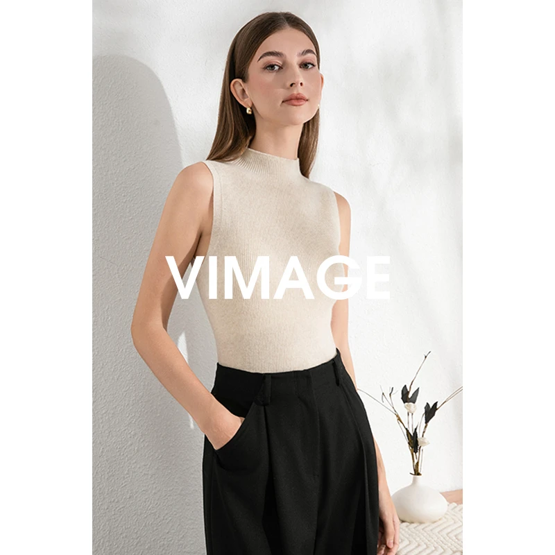 VIMAGE纬漫纪气质小立领无袖修身百搭纯色针织通勤背心VC2401308