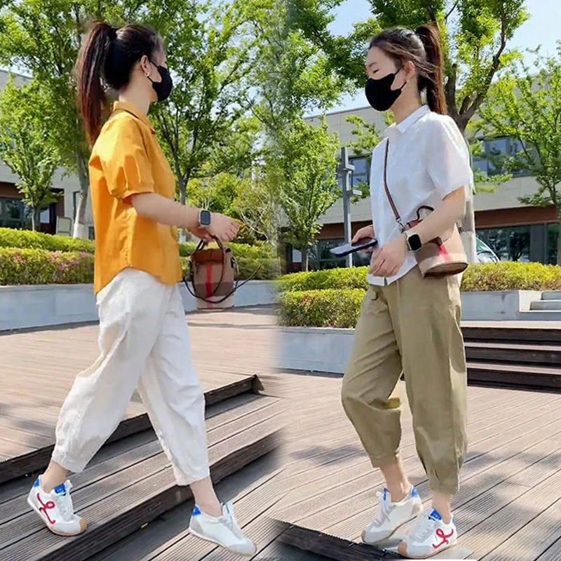 2025时尚减龄气质纯色衬衫上衣夏季新款小个子高腰休闲九分萝卜裤