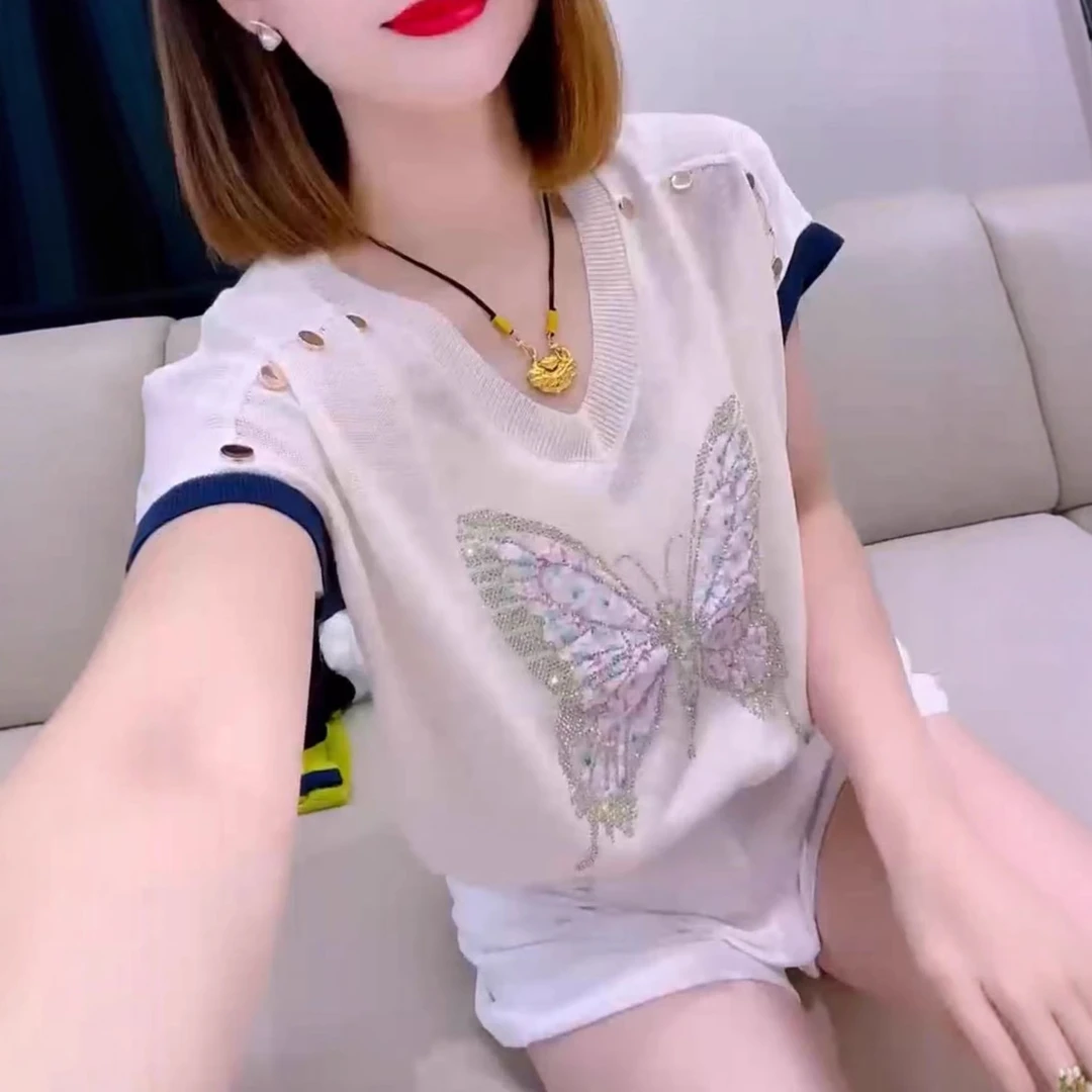 新款时尚重工烫钻蝴蝶图案宽松短袖上衣女