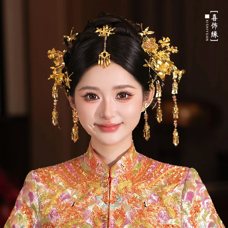 秀禾新娘中式头饰高级金色重工花朵发簪结婚古典龙凤褂发饰HZ1253