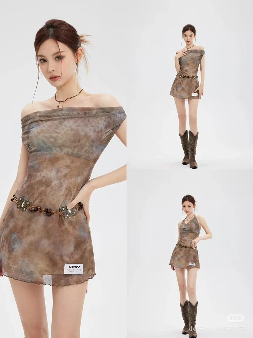 A7-2棕色“扎染”标签连衣裙（3807）