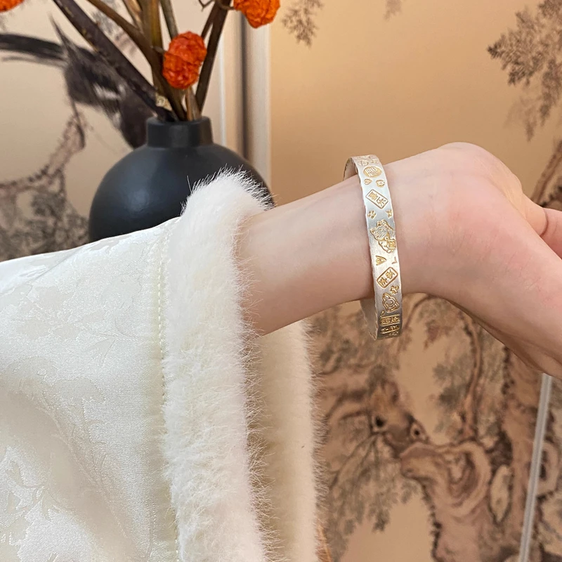 足银手镯 吉言招财猫平安喜乐足银999实心小众手镯