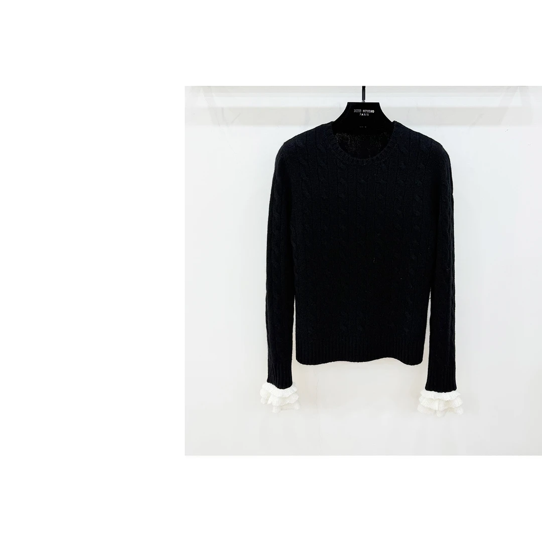 JIAYE CHAN韩系袖口拼接花边绞花针织上衣