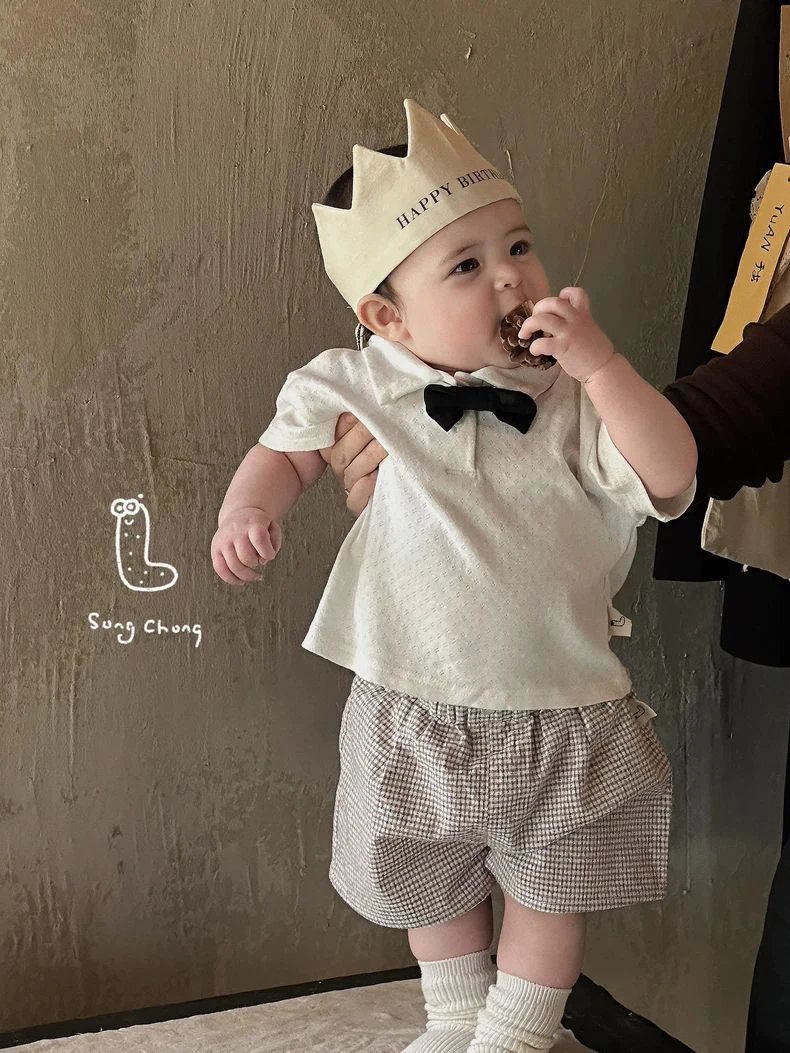 童装周岁服男宝宝领结短袖polo衫裤子分体套装韩系婴儿婴童