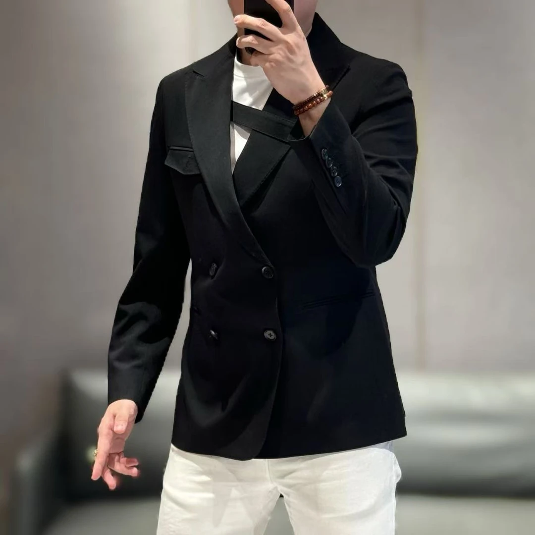 高端定制设计师风格双排扣立体修身裁剪厚双开叉男士西装6039