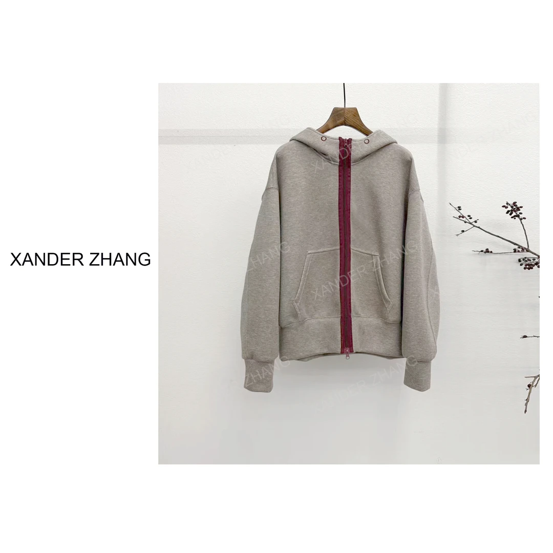 山大张极简时尚撞色拉链连帽廓形卫衣外套YBJ1J705显瘦百搭中长款