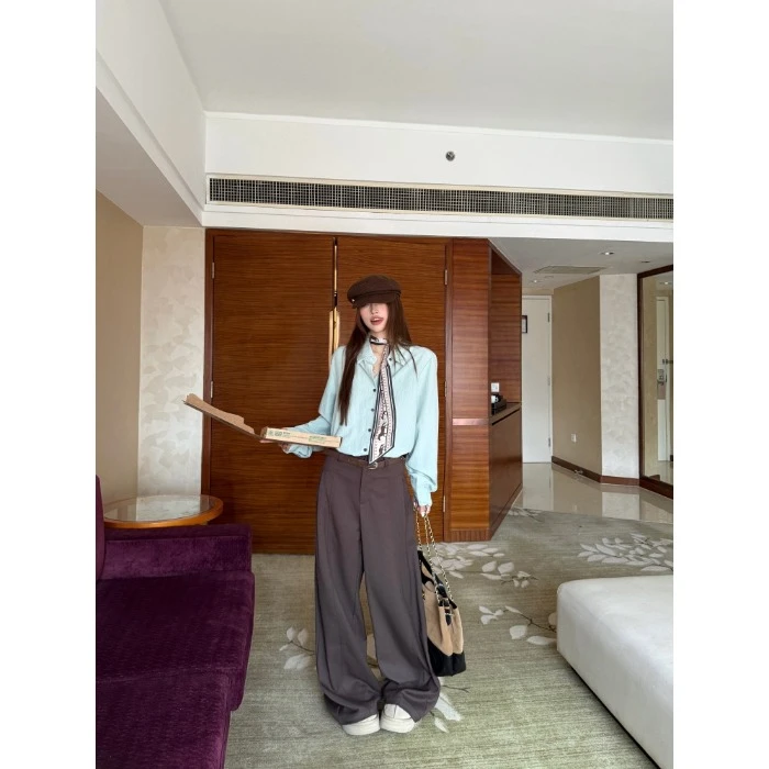 时尚套装韩系绿色polo领长袖衬衫女秋季高腰显瘦休闲阔腿裤两件套