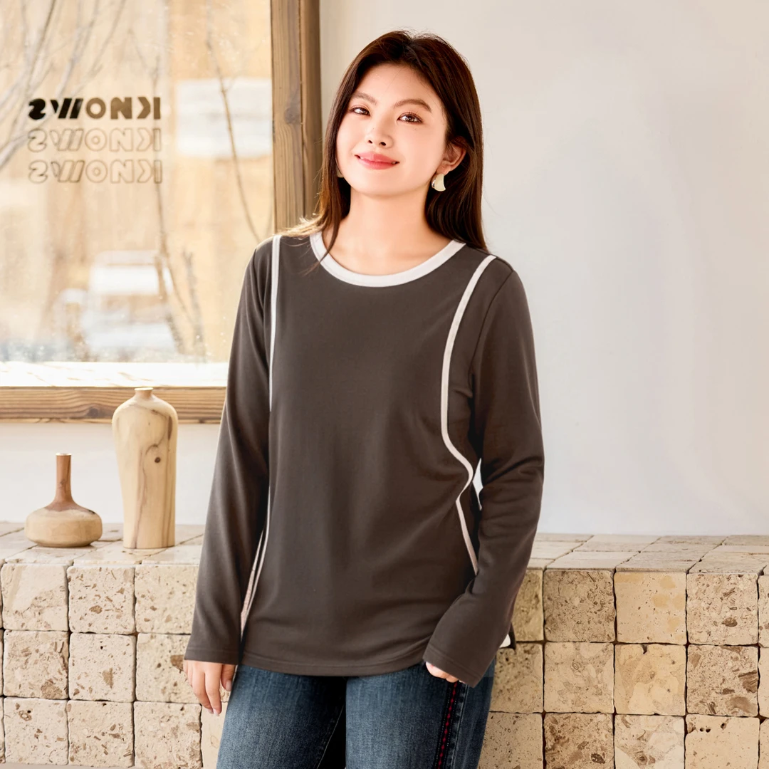 【抓毛人棉】MsShe大码女装冬装撞色分割正肩显瘦打底衫M2510086