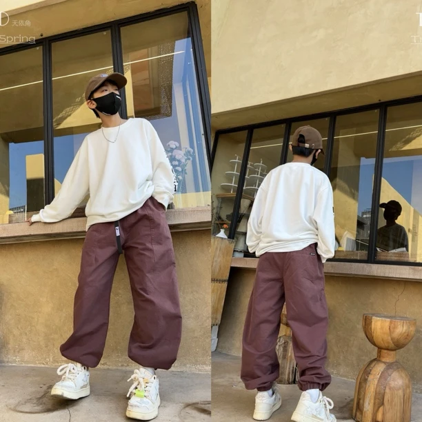 儿童休闲裤天依角中大童春款长裤19050 帅气百搭暗红色纯棉裤子潮