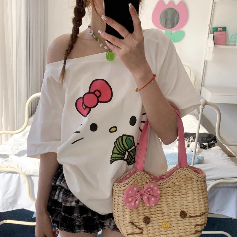 凡他姨【来财KT】原创恶搞kitty印花T恤宽松纯棉斜肩短袖大领口女
