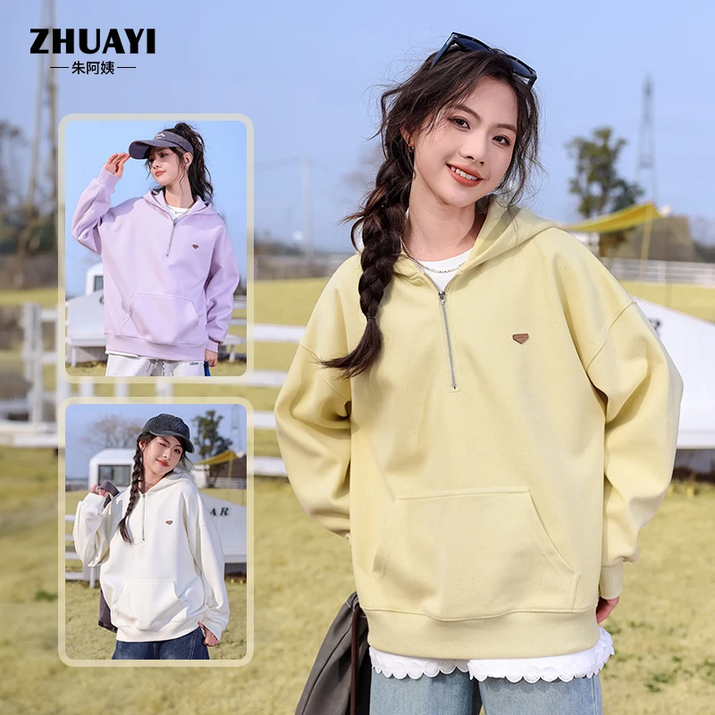 朱阿姨2025春款卫衣女大童半拉链连帽卫衣新款时髦宽松百搭上衣