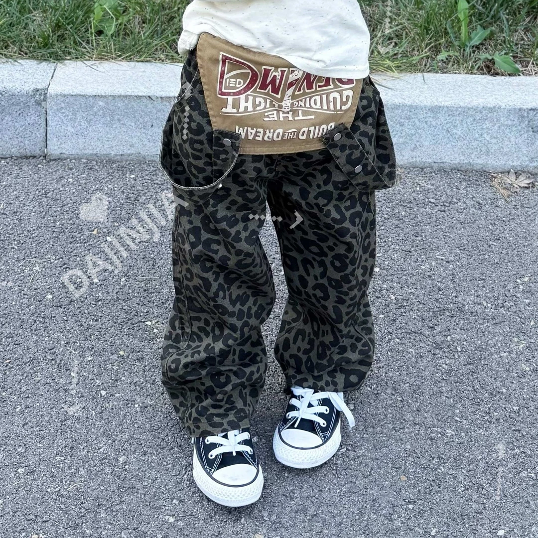 大金定制巨重工男女童轻奢自制洋气豹纹工装风痞帅加厚直筒长裤