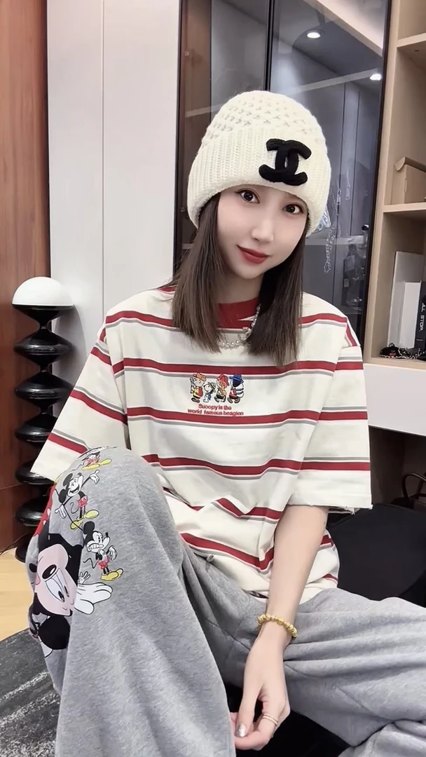 2025新款字母卡通图案刺绣拼接条纹短袖t恤女时尚百搭上衣潮
