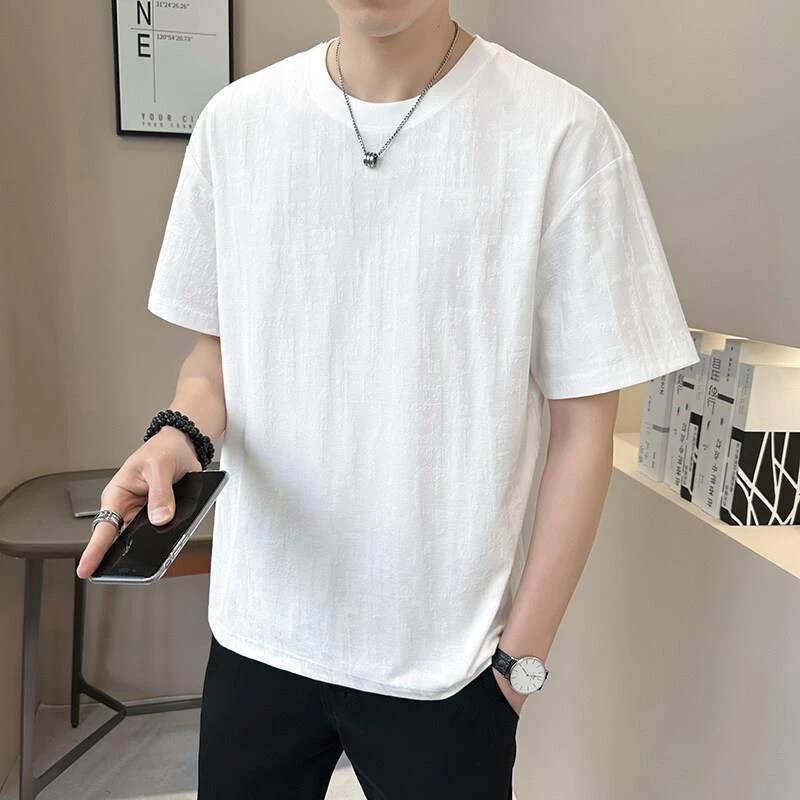 米诺狄冰丝凉感提花宽松短袖T恤男士夏季2025年新款薄款圆领上衣