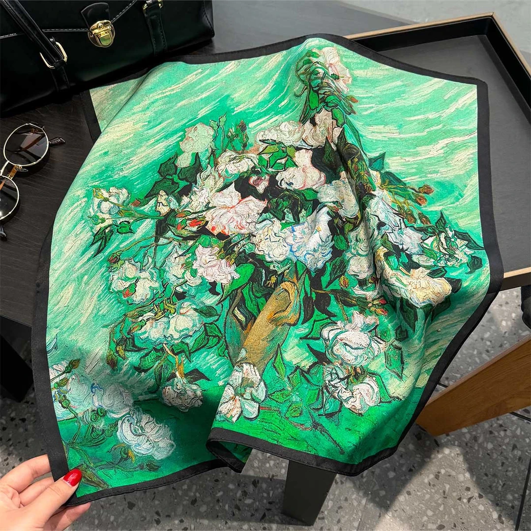 杭州丝绸春季莫奈油画花瓶真丝丝巾女小领巾桑蚕丝围巾小方巾