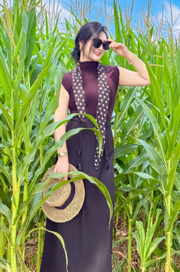 【盼盼精选】腰带长款后开衩半身裙华尔兹纱麻感半身中长半裙百搭