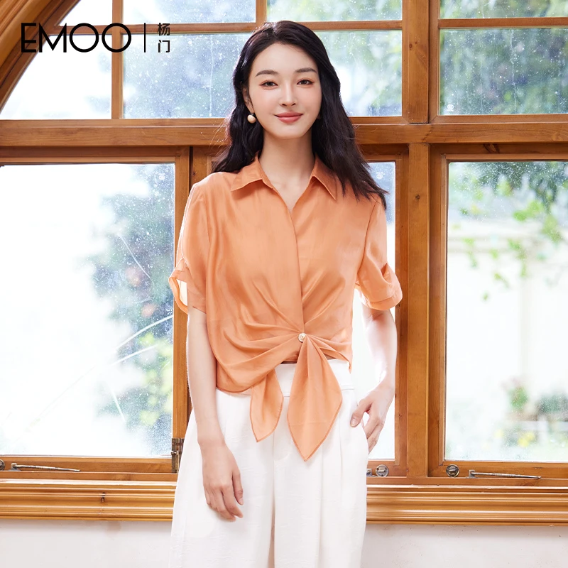 EMOO/杨门短袖衬衣女夏季吸汗衬衫显瘦女士雪纺衫宽松E24H023065