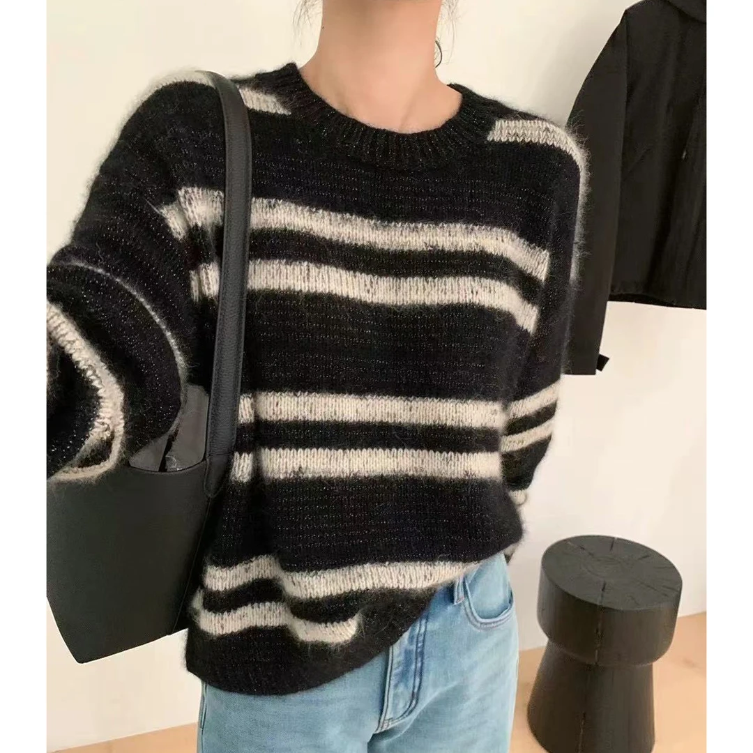 撤柜款！黑丝~圆领欧美风毛衣显瘦套头外穿条纹百搭秋冬上衣-9646