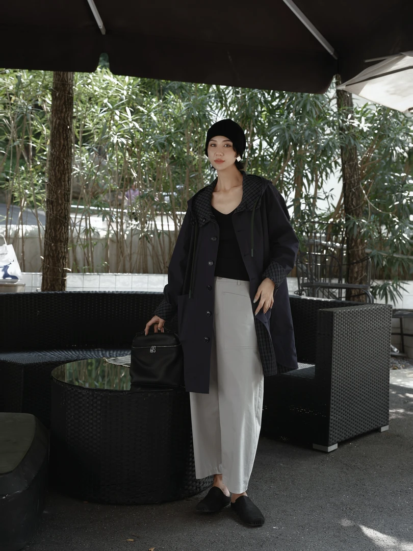 TT设计师【线索】日系复古感格纹撞色连帽中长款风衣TT190759