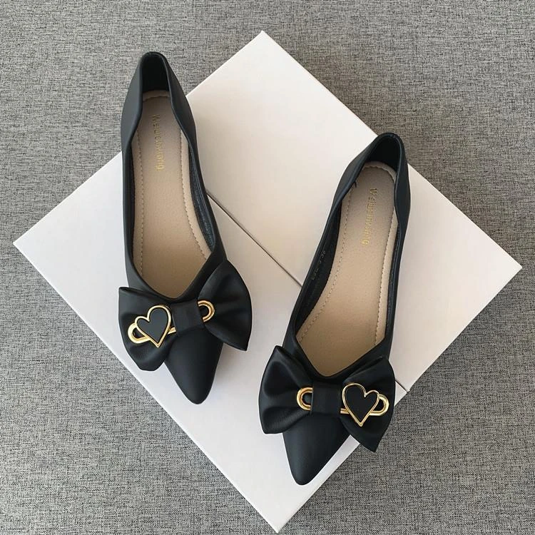 年新款蝴蝶结尖头平底单鞋女浅口舒适软底瓢鞋时尚百搭工作鞋