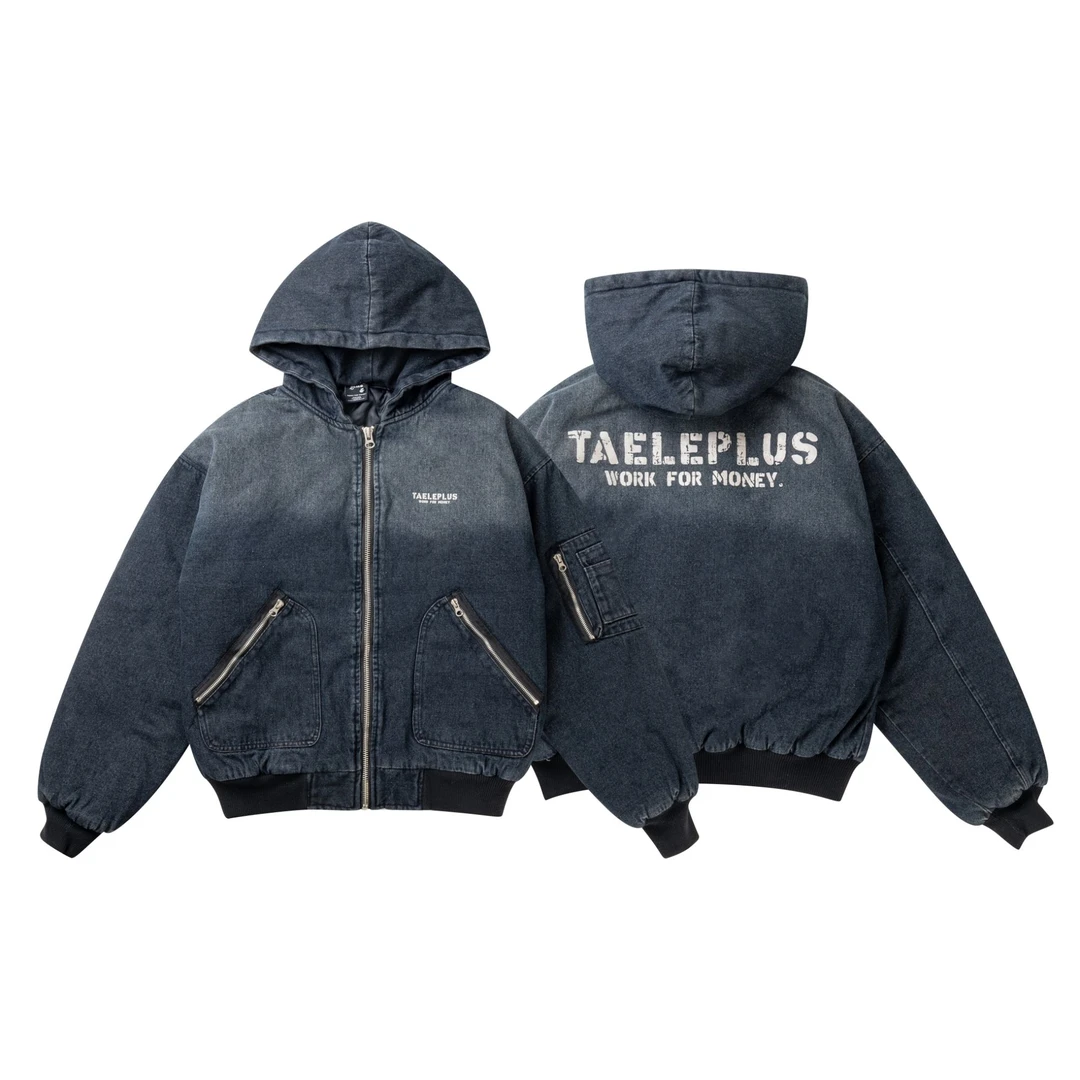 TAELE PLUS 美式做旧水洗牛仔衣连帽渐变扎染飞行夹克棉服TP056