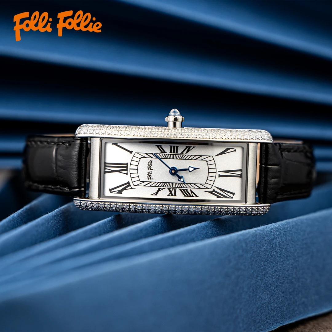 follifollie时光列车轻奢镶钻气质时尚商务百搭石英女腕表 复古