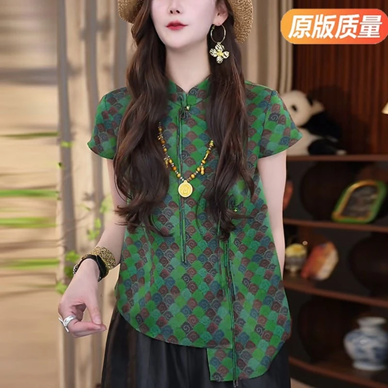 新中式国风盘扣马甲衬衫女夏季新款气质短袖上衣格子立领斜襟小衫