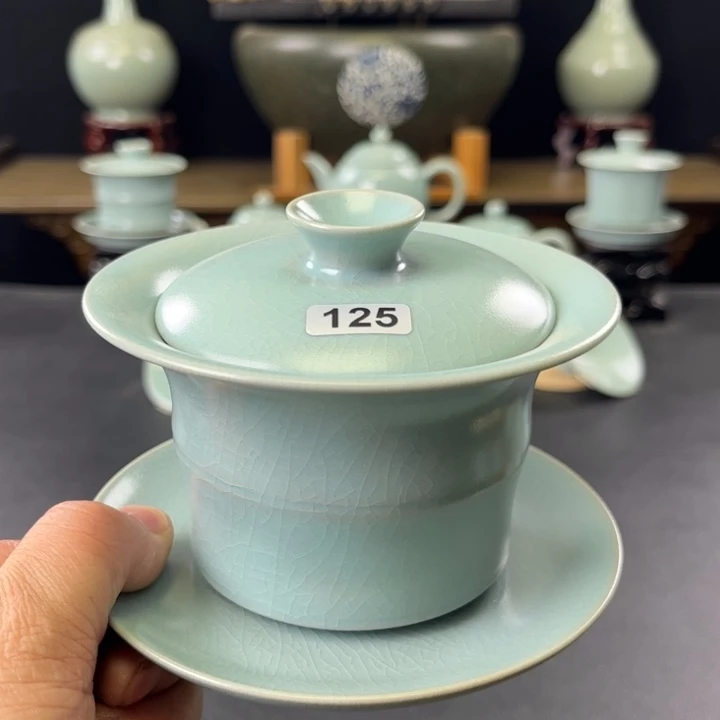 杯仿古釉汝官窑竹节盖碗125号微瑕捡漏