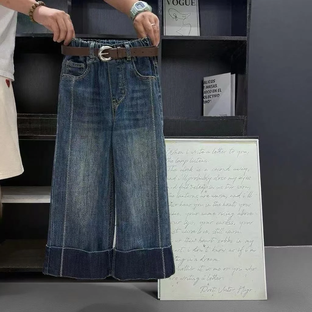 女童新款2025秋季牛仔裤儿童休闲时髦阔腿直筒裤高腰时尚休闲百搭